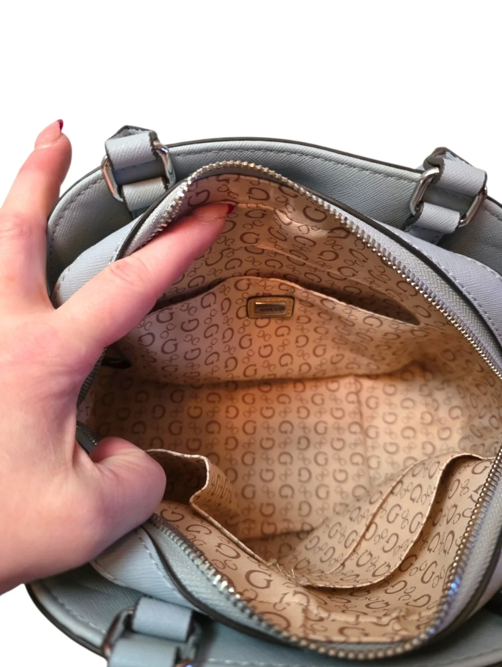 Guess Gray Dome Satchel Crossbody Bag Structured Top Handle Silver Logo